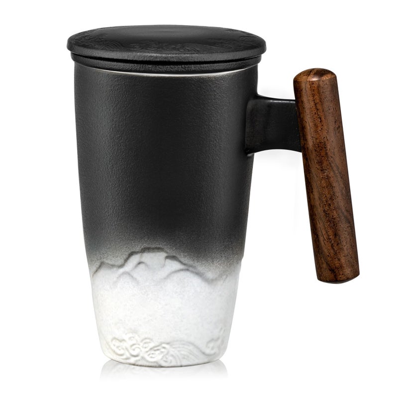 suyika Tomotime Ceramic Tea Cup with Infuser and Lid Tea Mugs Wooden Handle 400ml/13.5oz Black - Image 1
